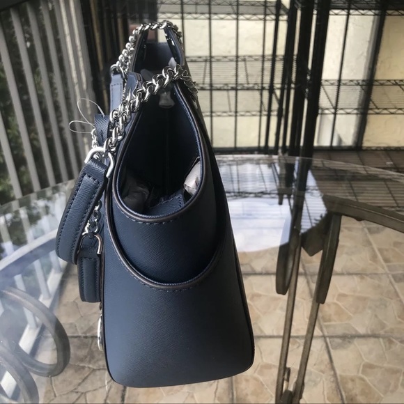 MICHAEL KORS JET SET TRAVEL LARGE CHAIN SHOULDER LEATHER TOTE BAG NAVY/SILVER - Picture 3 of 9